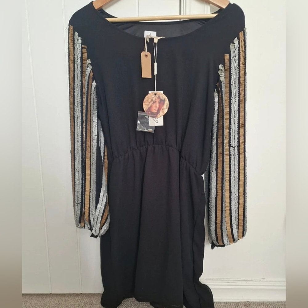 Elegant Black Party Dress with Handcrafted Gold and Silver Beads